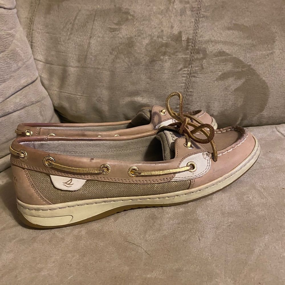 Sperry Angelfish Boat Shoes | Tan Linen & Gold Metallic | Size 7 - Picture 6 of 6